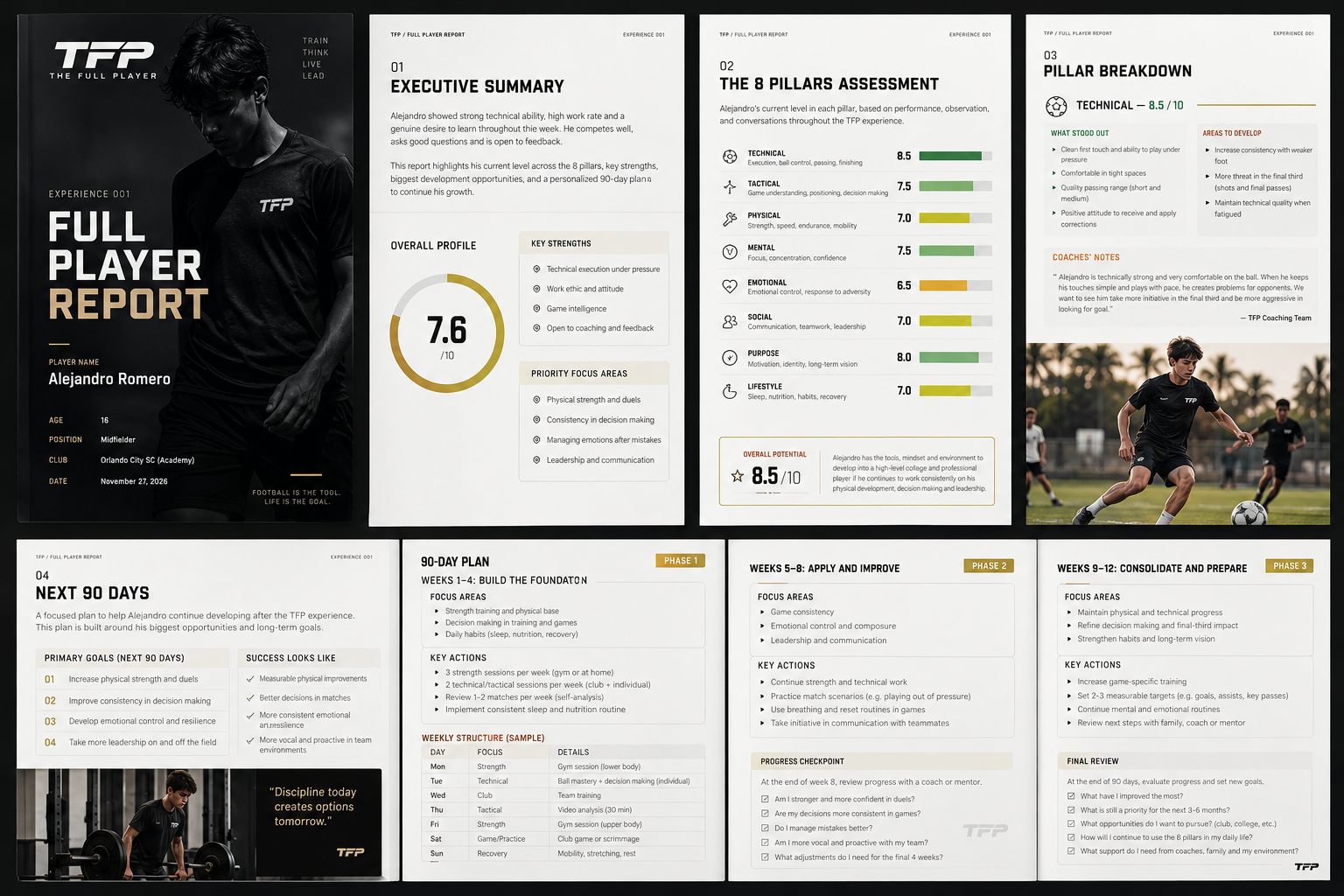 Sample pages of The Full Player Report: executive summary, 8 pillars assessment, pillar breakdown and 90-day plan